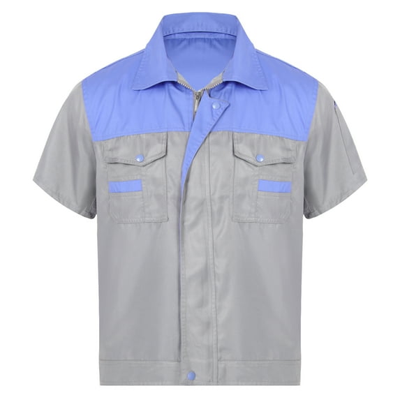 MSemis Men's Regular Fit Short Sleeve Industrial Work Shirt Performance Utility Uniform Shirt Blue&Grey L