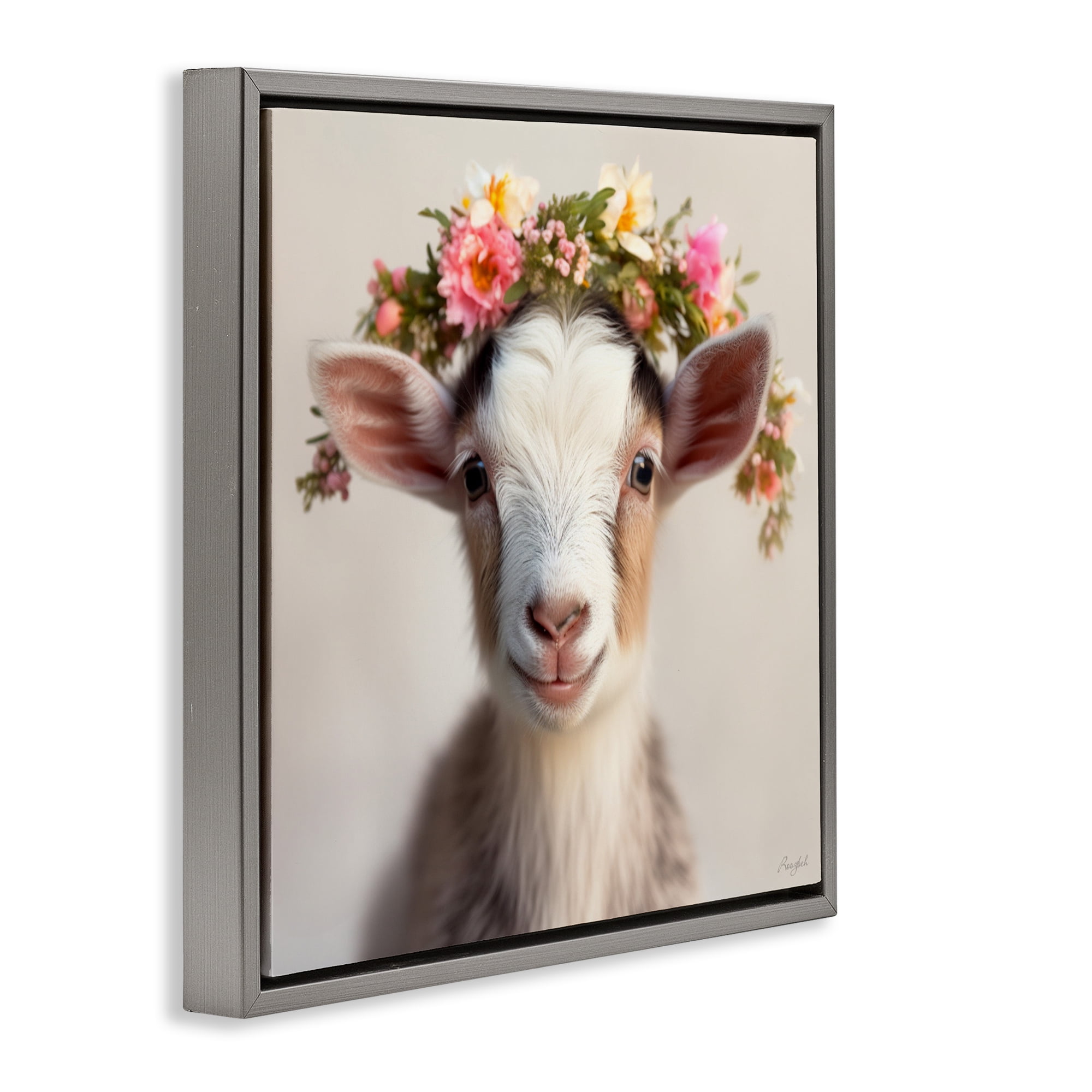 Stupell Industries Flower Crowned Goat Gray Framed Floater Canvas Wall Art, design by Roozbeh