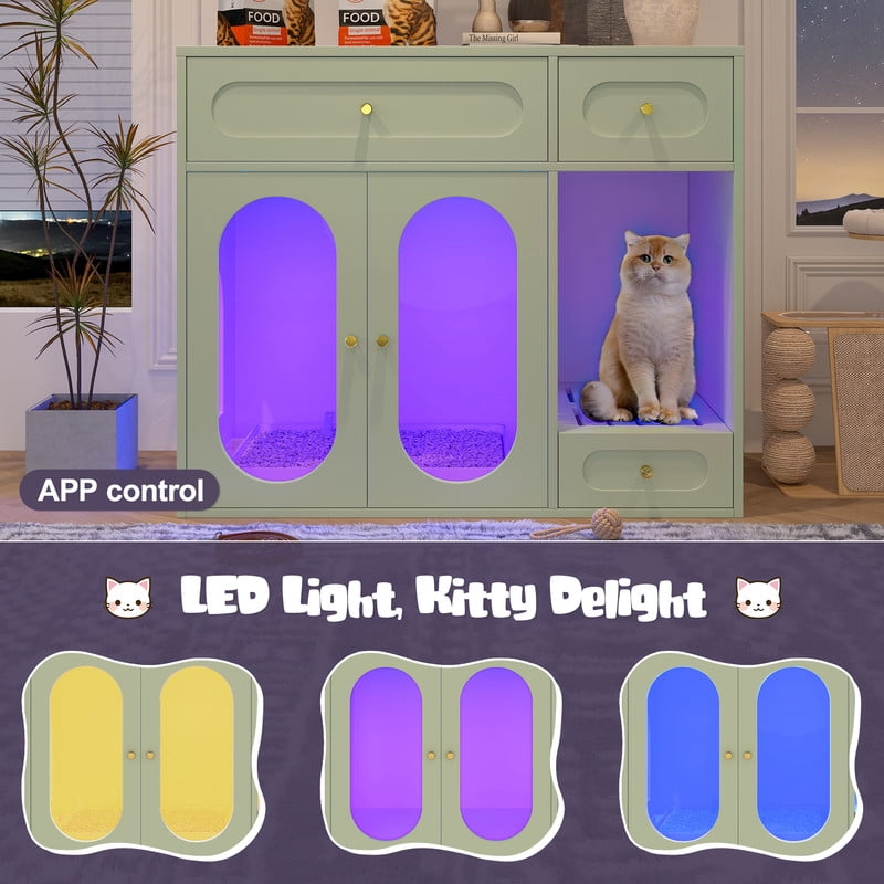 Mirightone Cat Litter Box Enclosure with LED Light and Acrylic Doors, Hidden Cat Litter Box Furniture with Storage Drawers, Indoor Litter Box Cabinet for Living Room & Entryway, Green