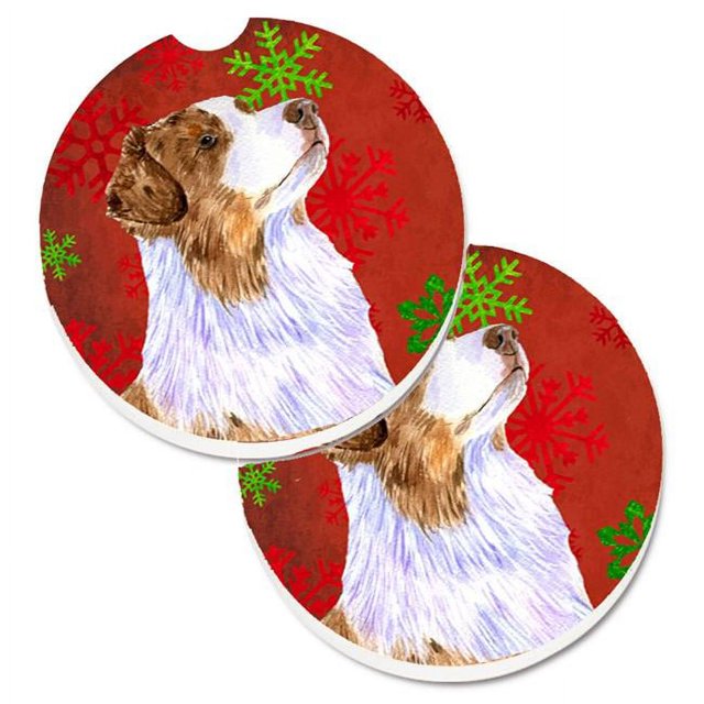 Carolines Treasures LH9318CARC Australian Shepherd Flocons de Neige Rouges et Verts Ensemble de Noël de 2 Porte-Gobelets sous-Verre de Voiture