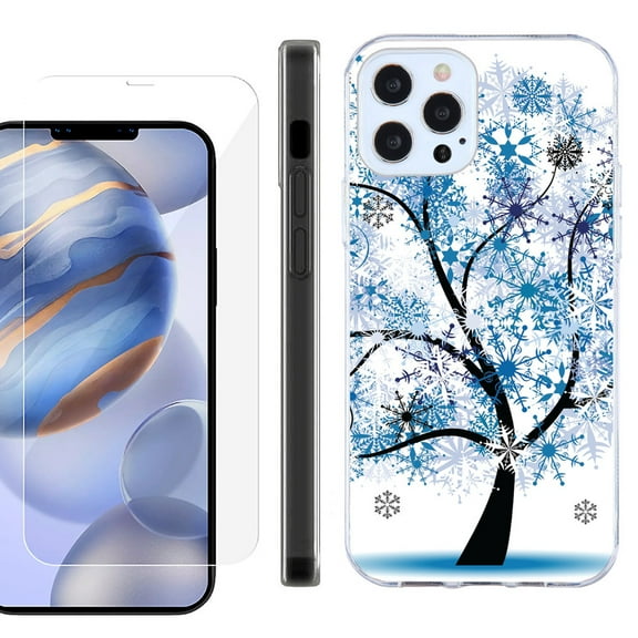 Slim Fit Protective Phone Case for Apple iPhone 12 / iPhone 12 Pro, with Tempered Glass Screen Protector, by OneToughShield ® - Snowflakes Tree