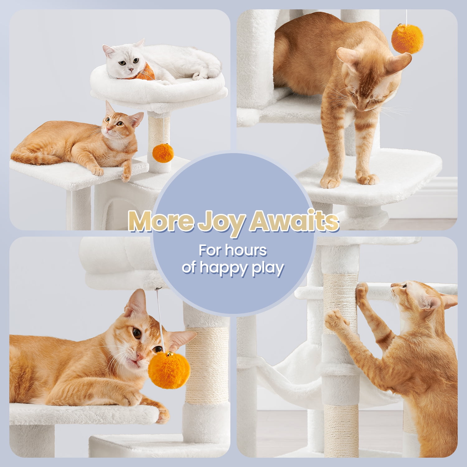 LEDREM 44.1-Inch Multi-Level Cat Tree with 4 Scratching Posts & Hammock - Cat Tower with 2 Perches & Cave for Indoor Cats, Cream White