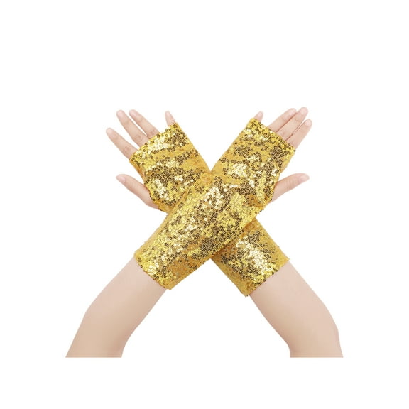 INSPIRE CHIC Women's Sparkle Sequin Arm Warmers Wrist Cover Fingerless Gloves Arm Sleeve for Disco Party Gold