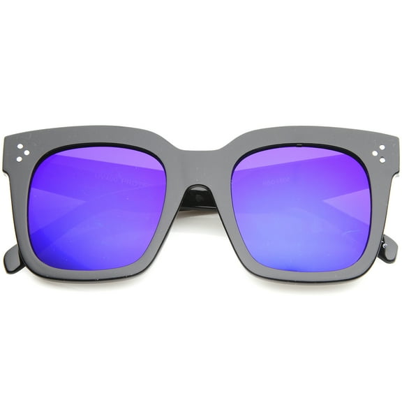 sunglassLA Unisex Bold Oversize Flat Mirror Lens Square Horn Rimmed Sunglasses (Shiny Black / Blue Mirror) - 51mm