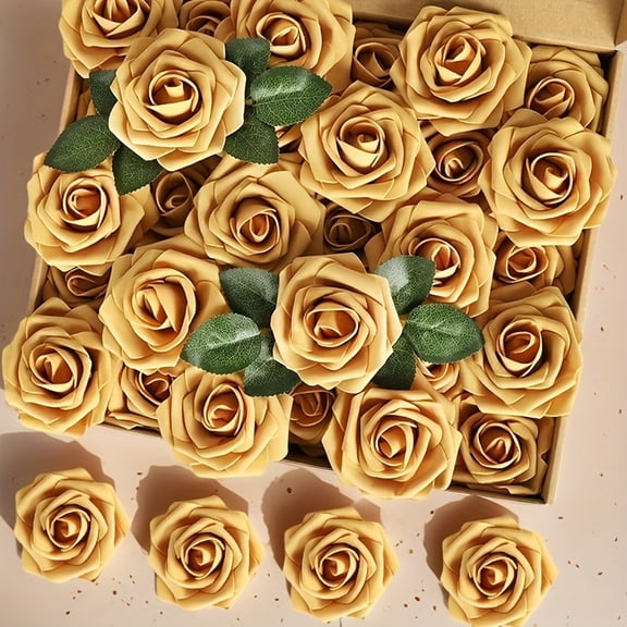 25pcs Artificial Roses with Stems - Flower Bouquets Plastic Faux Roses with Petals & Green Foliage for Wedding Centerpieces, Home Decor, Vase Filling, Thanksgiving, Christmas, Halloween Decorations
