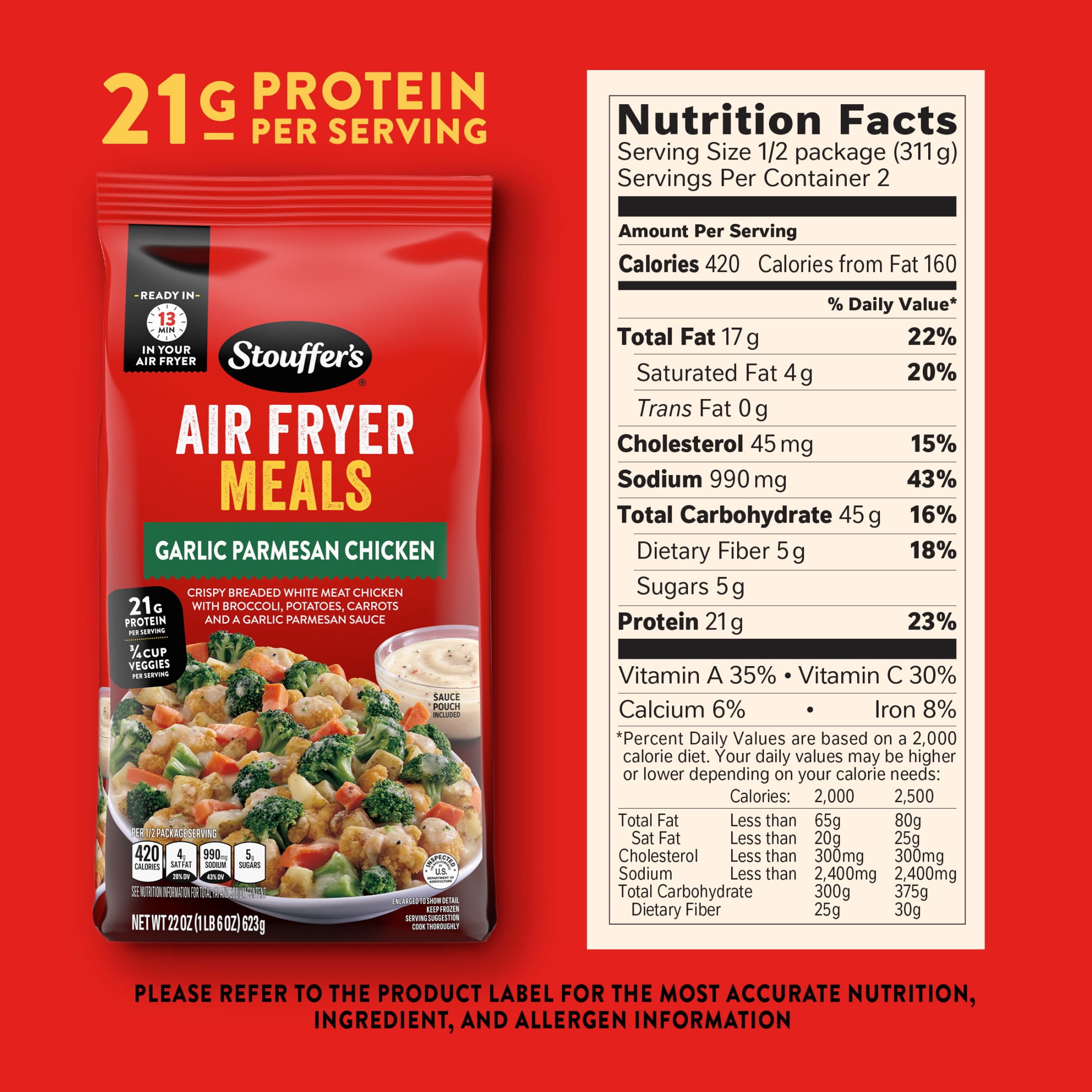 Stouffer’s Air Fryer Meals, Garlic Parmesan Chicken, Crispy Chicken & Veggies, Frozen Meals 22 oz