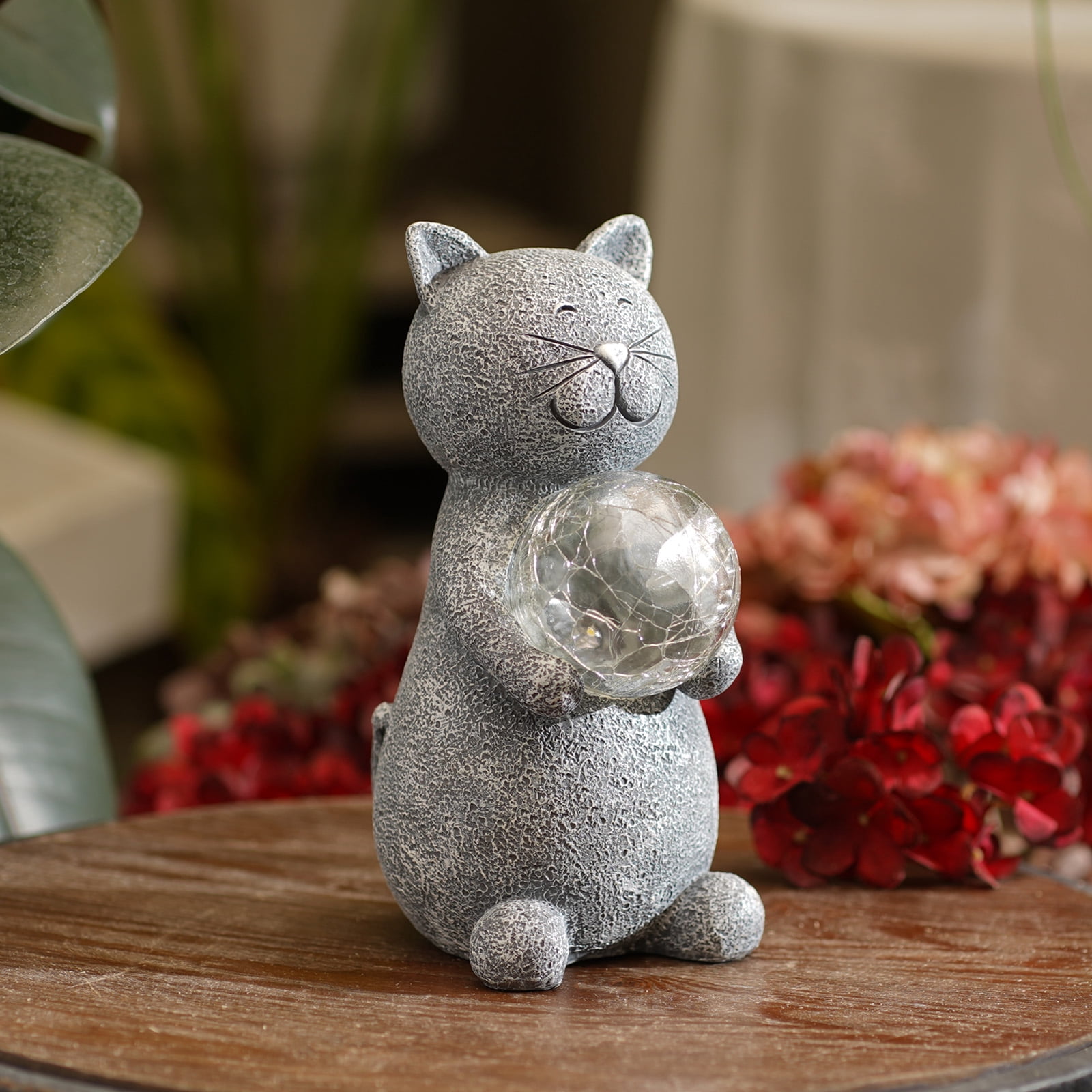 Goodeco Cat Statue Garden Decor Solar Powered LED Lights - Cats Figurines with Gazing Solar Ball Decorations for Patio Lawn Yard Decor - Gifts for Women/Mom Birthday Grey