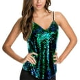 thumbnail image 1 of Camiseta sin mangas con lentejuelas y cuello en V para mujer: top corto sexy con tirantes para fiestas/verano, material brillante con ajuste elástico, 1 of 3
