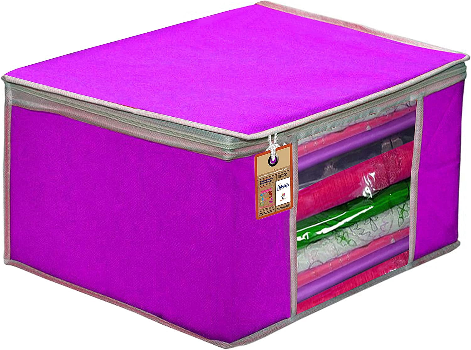 atorakushon Pack of 2 Nonwoven Fabric Foldable Garments Sare Blouse Clothes Storage Cover Bag Pouch With Transparent Window and Zip Lock (Purple)