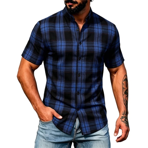 jobturf Mens Plaid Button Down Short Sleeve Shirt Business Casual Mock Neck Dress Shirts Summer Tops Work Outfits S-2XL