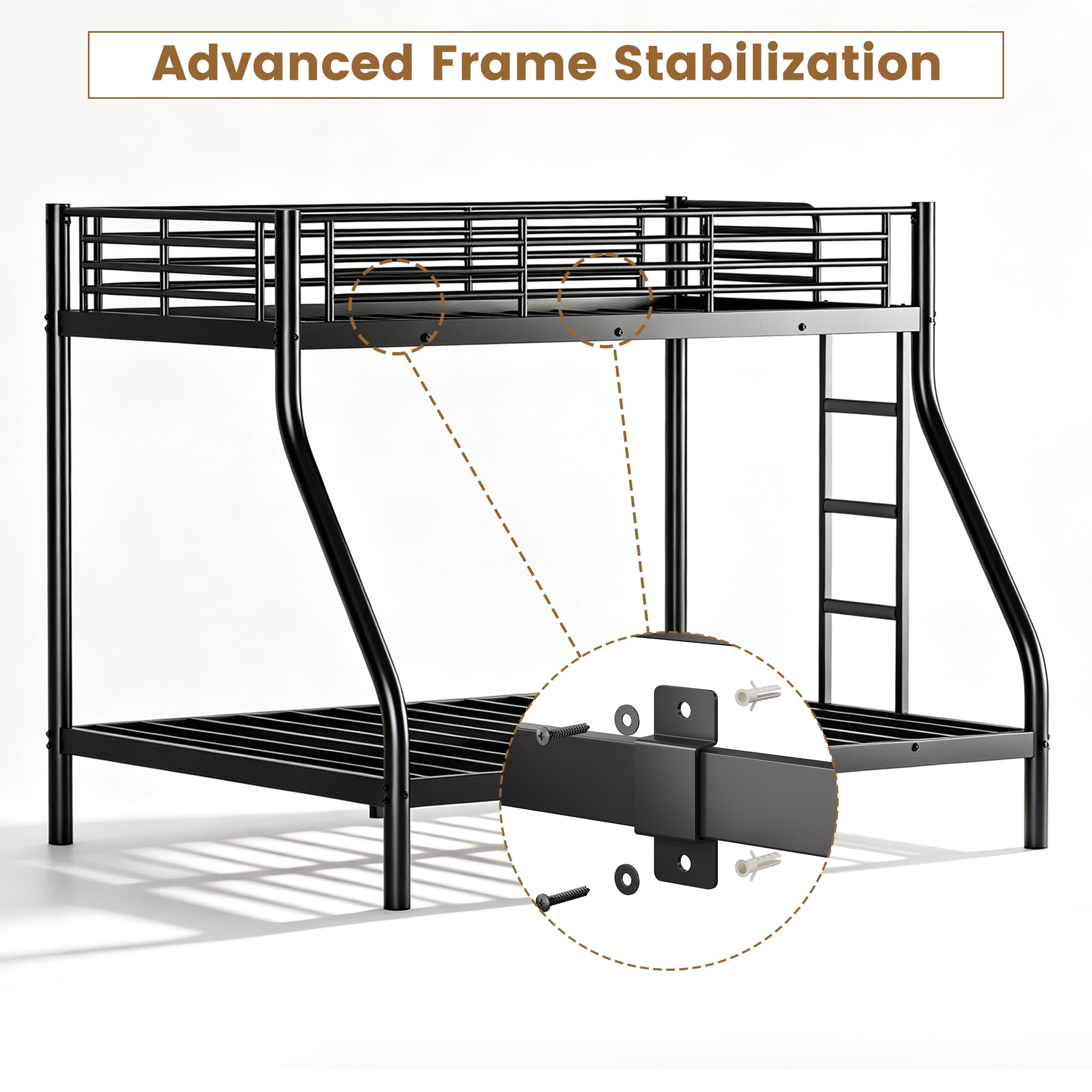 Space-Saving Black Twin Over Full Bunk Bed, Heavy-Duty Metal Bed Frame with Full-Length Rail and Ladder, Quiet Anti-Squeak Design for Kids Teens