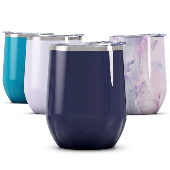 Maars Bev Verre à Vin Sans Pied en Acier Inoxydable avec Couvercle, Isolé sous Vide 12 oz / Anti-Fuite, Adapté aux Voyages, Vaisselle Classique pour Cocktail - Bleu Nuit