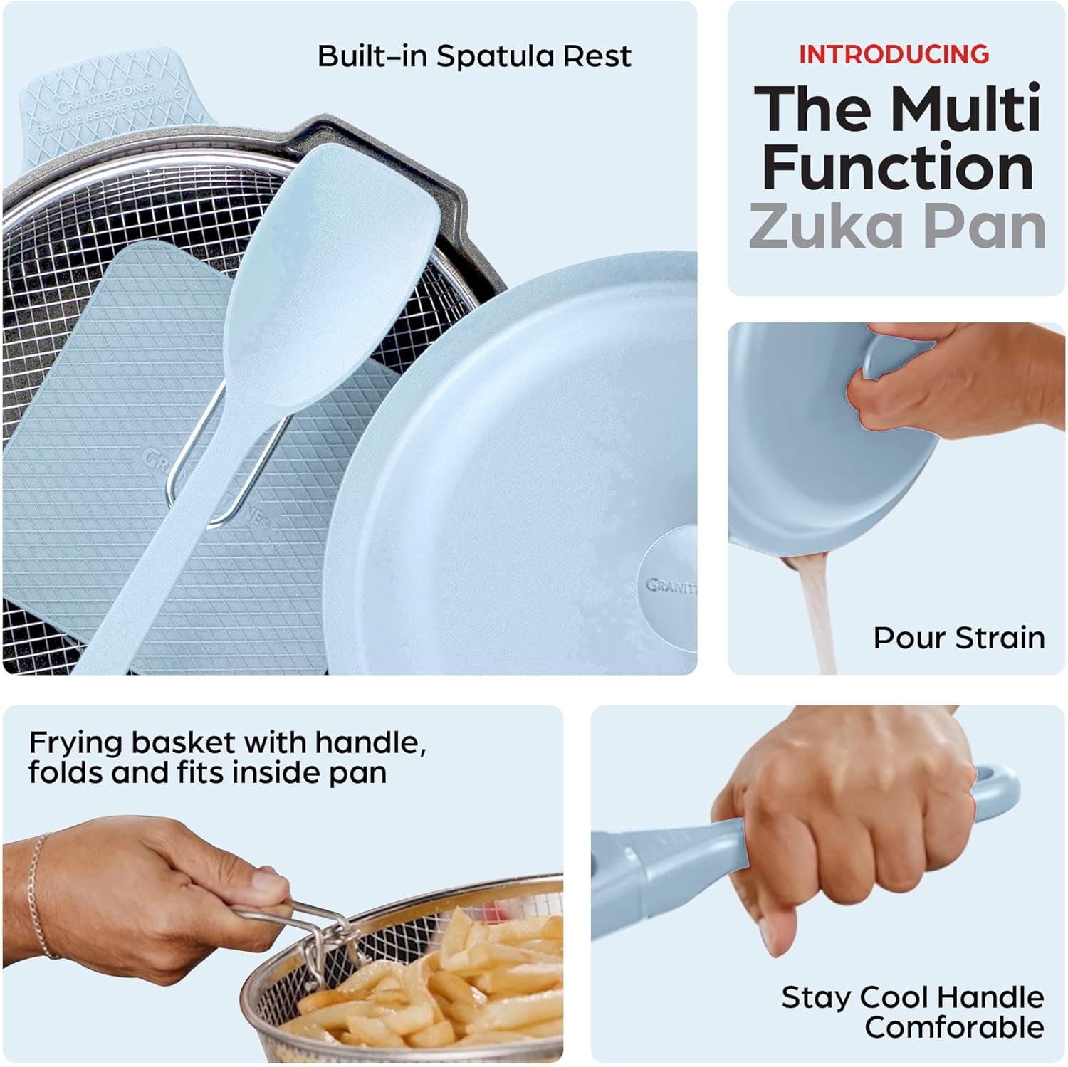 ZUKA Ceramic Pan by Granitestone, 10 in 1 Ceramic Deep Frying Pans Set with Steamer, Large Saute Pan with Lid, Everyday Skillet, Non Toxic Pans for Cooking, Nonstick, Induction Oven & Dishwasher Safe