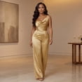 thumbnail image 4 of JULMCOMO Satin Jumpsuits for Women V Neck Sleeveless Dressy Jumpsuits Cinched Waist Wide Leg Evening Party Summer Outfits Champagne L, 4 of 7