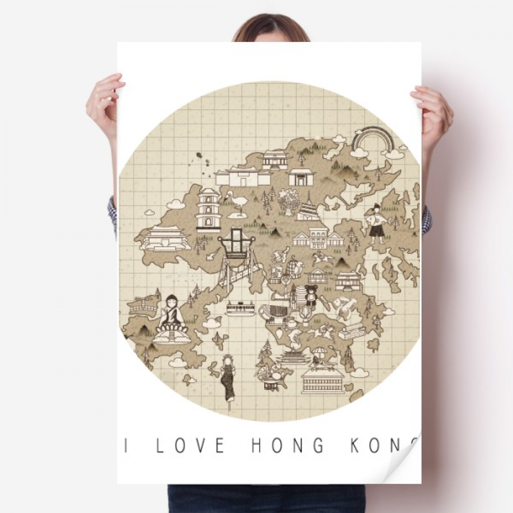 Hong Kong Traditional Map Visit China Sticker Decoration Poster