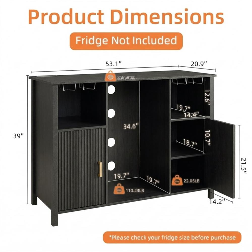53" Black Engineered Wood Wine Bar Cabinet with Mini Fridge Space & Power Outlets