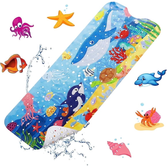Alfombrilla de baño extra larga para bebé, 40 x 16 pulgadas, antideslizante, con dibujos animados, con orificios de drenaje y ventosas, lavable a máquina (ballena + delfín).