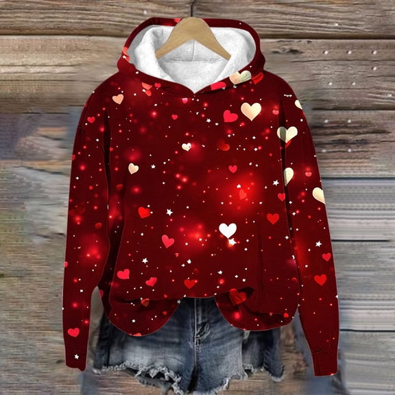 Girls Valentine's Day Cropped Hoodie, Multicolor Heart Star Print Stretchy Polyester Spandex Lined Hood Cute Teen Casual Sweatshirt for Kids 8-16 Years,Size 13-14T