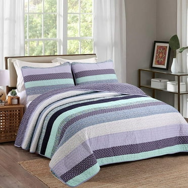 Cozy Line Eloise Purple Stripe Floral 100% Cotton 3-Piece Quilt Bedding Set, Queen Set