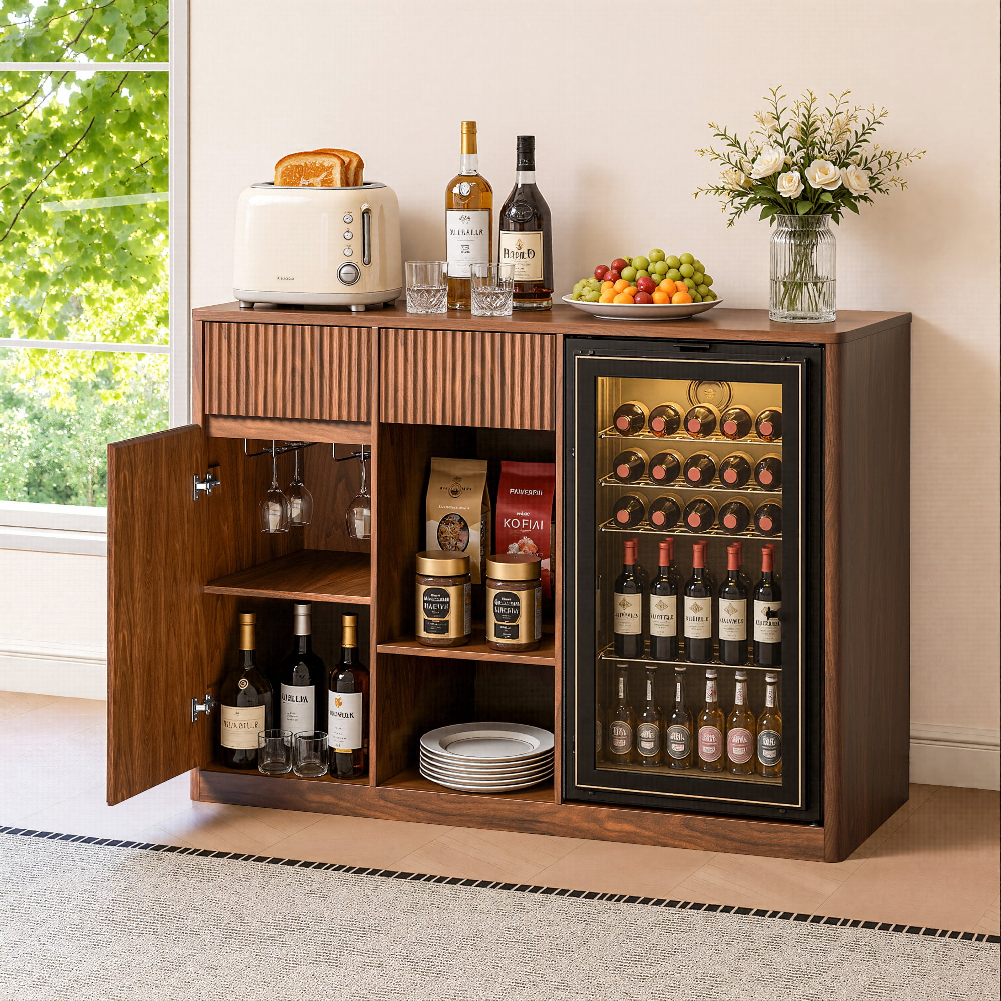 Leumius 51.2" Modern Fluted Bar Cabinet with Fridge Compartment(Fridge Not Included, Adjustable Shelves and Built-in Power Outlets, Multipurpose Wine Storage Cabinet for Living Dining Room Walnut