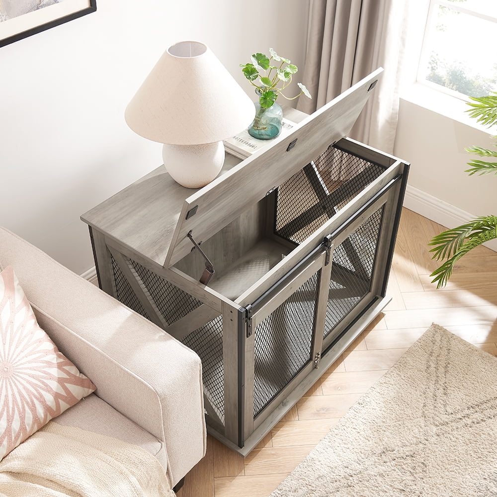 Resenkos Dog House, Pet House,Dog Cave,Farmhouse Dog Cage Crate Furniture with Sliding Barn Door, Farmhouse Wooden Dog Kennel End Table,Gray