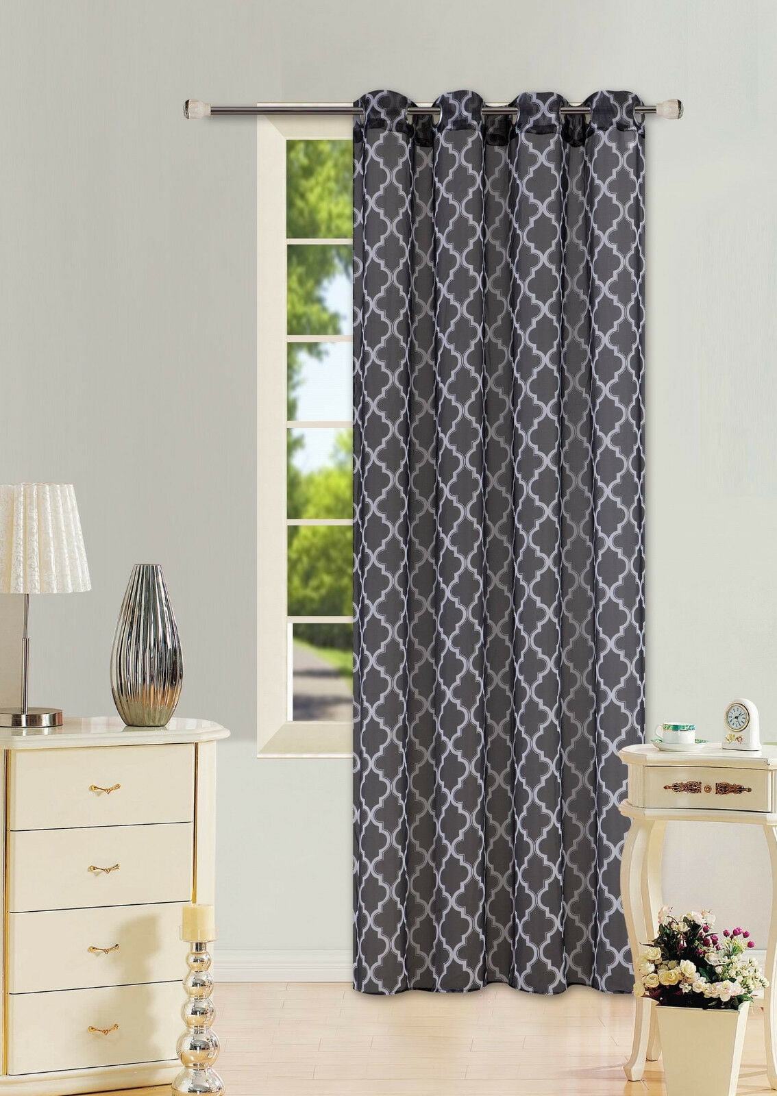LUSH DÉCOR 2PC S38 PANEL CURTAIN SEMI SHEER TRELLIS GEOMETRIC GROMMET PANEL BLACK / WHITE SEE