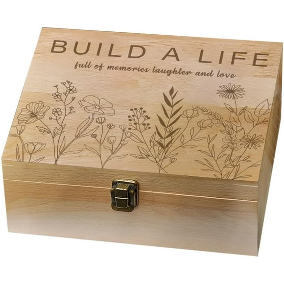 1 Pc Wood Memory Keepsake Box Line Wildflowers Build a Life Memory Box with Hinged Lids Laughter and Love Keepsake Chest for Picture Letter Storage 9.6x7.6x4inch(24.5x19.5x10.3cm)