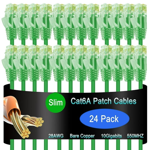 UTAH-Cat6a Slim Ethernet Patch Cable 2 ft (24 Pack), Cat6a Patch Cable for Data Centers, Cat 6 Patch Cable 10G, Network Patch Cables for Home and Enterprise Network -Green