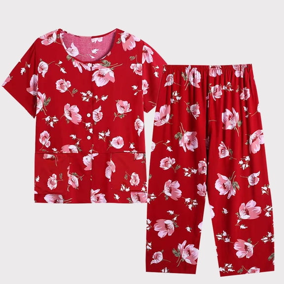 AOOCHASLIY Womens Summer Casual Two Piece Suit Short Sleeved Round Neck Top/Shirt Set Cotton Silk Suit Large Size Comfortable Breathable Cardigan Button Pocket Pajamas