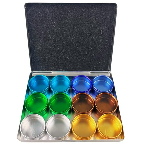 BIN BUDDY 12 Piece Glass Lid Colorful Aluminum Mini Jars  1.5" 3.8 cm x 0.75" 1.9 cm  Versatile Storage  Eclectic Color Range  Protective Aluminum Case
