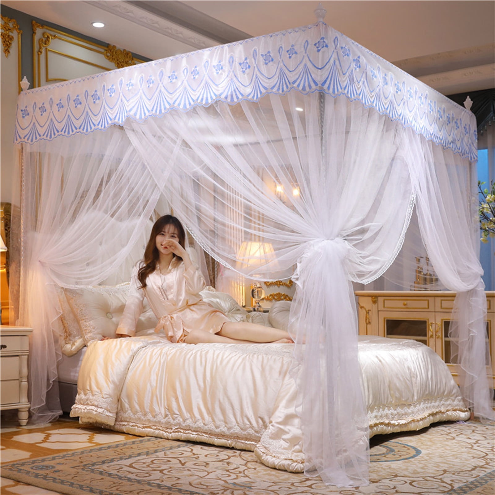 Luxury Bed Curtains Canopy, Ruffle Tassel 4 Corner Post Canopy Netting, Bed Canopy for Girls Kids Adult, Bedding Décor (47.24×78.74×78.74in)