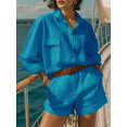 thumbnail image 3 of Jaimenalin Womens Solid Color 2 Piece Outfits Long Sleeve Lapel Button Loose Fit Top Mini Shorts Summer Set Lake Blue S, 3 of 5