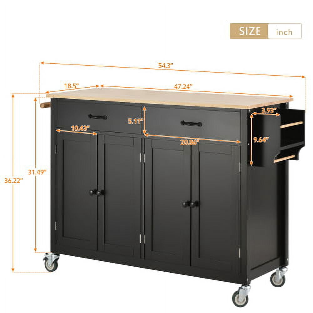 AVAXA 54.3 Inch Width Kitchen Island Cart with Solid Wood Top and Locking Wheels, 4 Door Cabinet and Two Drawers, Spice Rack, Towel Rack, Black