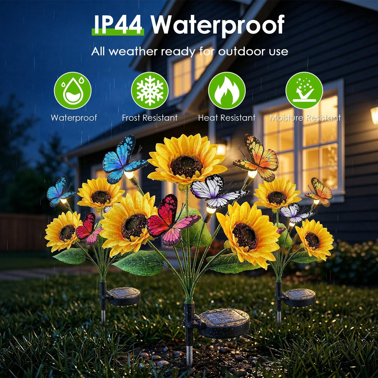 Astoutdoor Solar Sunflower Garden Stake Lights, 4-Pack, 3 Sunflower Heads and Butterfly Decor, Warm White LED, 2 Modes, IP44
