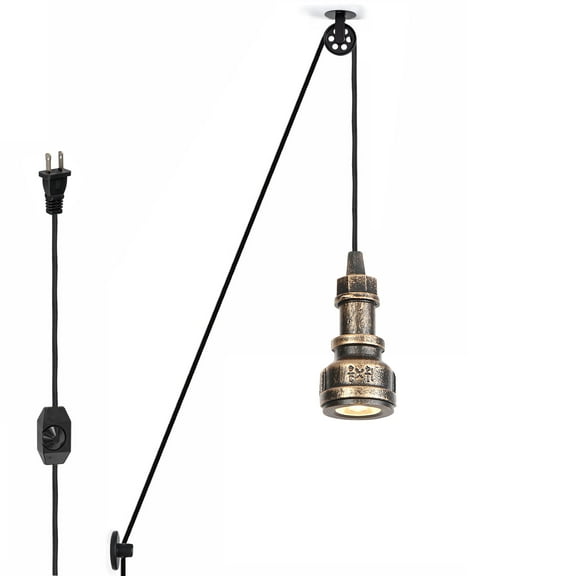 Kiven Plug in Industrial Pendant Light, Pulley Hanging Light 15FT Plug-in Cord and Dimmer Switch, 3W Steampunk Style Spotlight for Bedroom Hallway Foyer Kitchen,Copper Finish