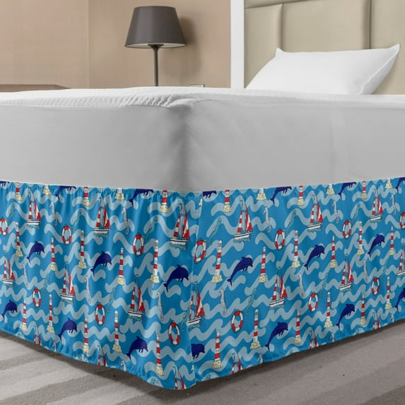 Lighthouse Bed Skirt, Wavy Lines Aquatic Elements Dolphins Seahorses and Boats Marine Summer, Elastic Bedskirt Dust Ruffle Wrap Around for Bedding Decor, 4 Sizes, Blue Navy Blue Red, by Ambesonne