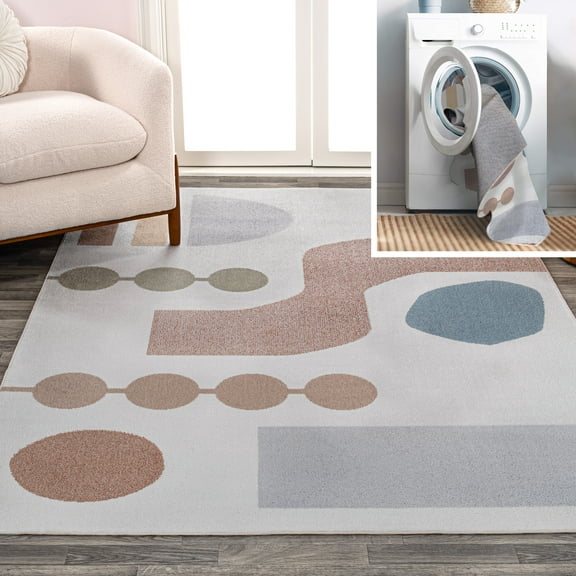 JONATHAN Y WASHABLE 5 x 8 Area Rug, Riley Abstract Coastal - Cream/Multi, WSH308A-5