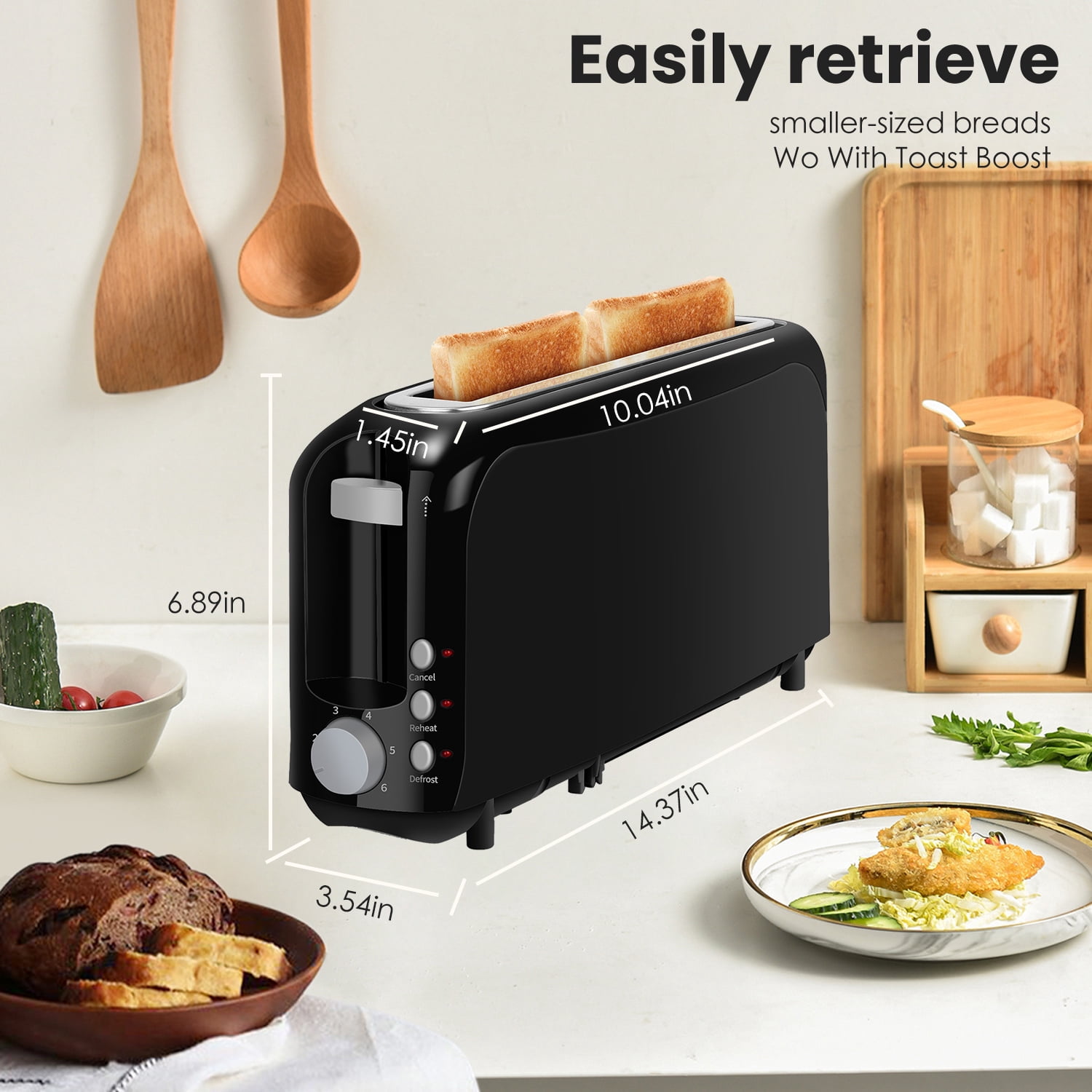 Slim 2-Slice Toaster, 10" Long Slot,6 Shade Settings with Cancel, Reheat & Defrost, Auto Shut off, Removable Crumb Tray，Black
