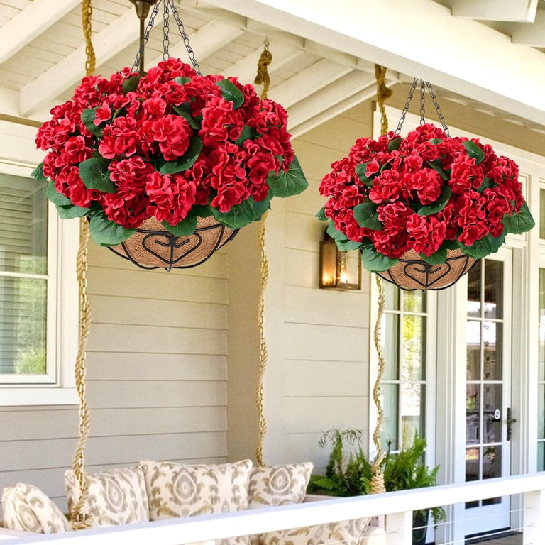 Artificial Geraniums Red 2 Set With Hanging Baskets Outdoor Patio Yard  Decor - Walmart.com