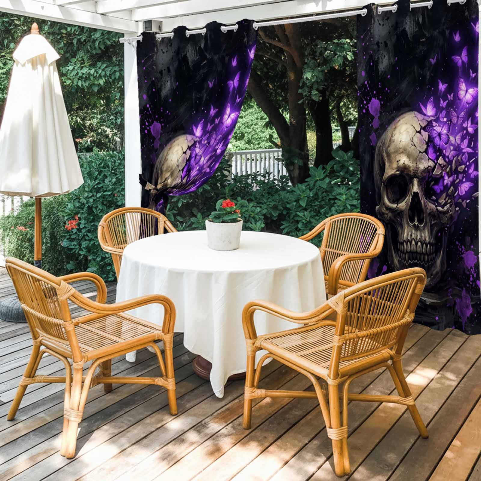 Abstract Skull Outdoor Curtains for Patio, Vintage Mysterious Purple Butterflies Dark Skeleton Black Sunshade Privacy Drapes Grommet Waterproof Outside Curtains for Porch Balcony 54"x108", 1 Panel