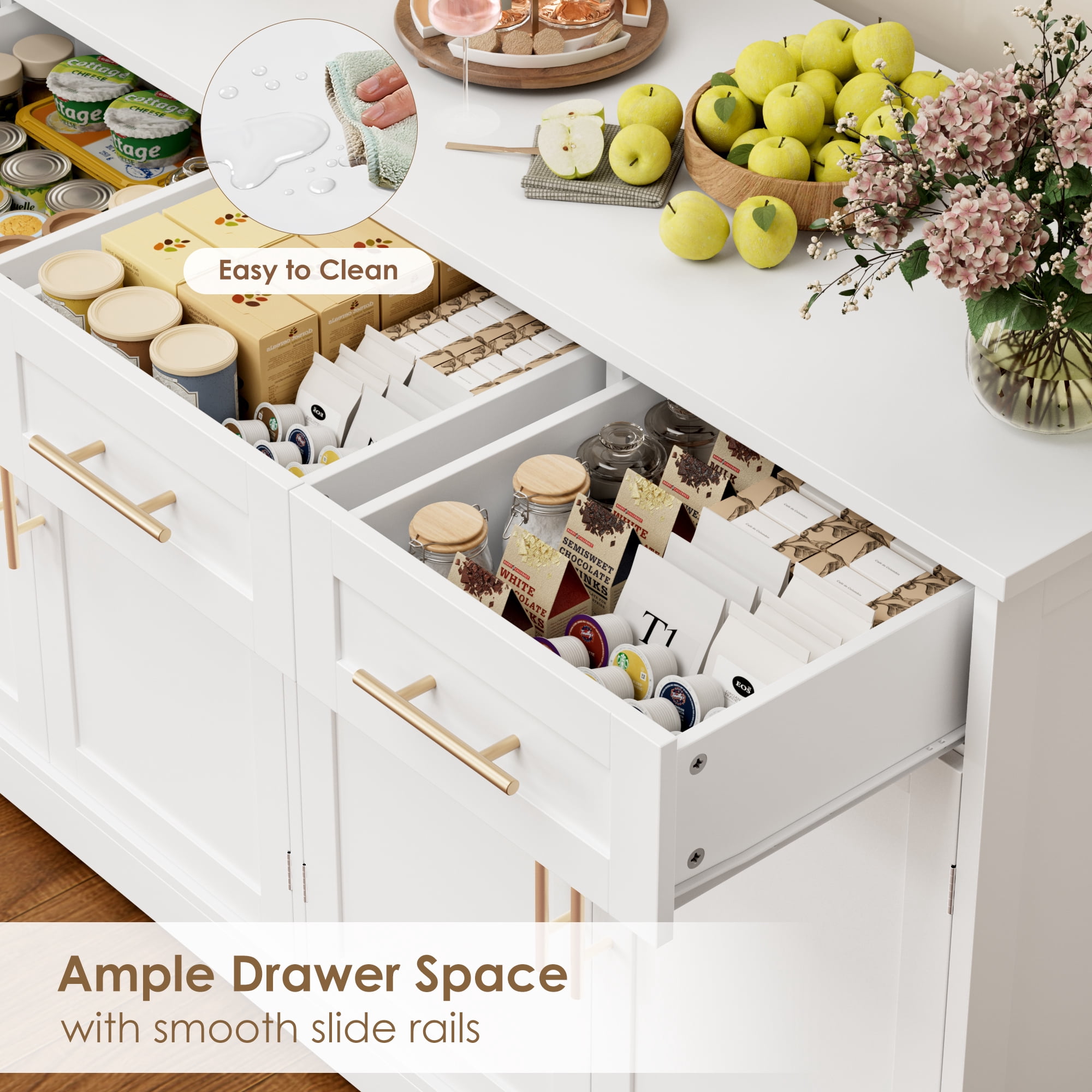Homfa Modern Buffet Cabinet with 4 Drawers and 4 Doors, 59" W Sideboard Buffet Storage Cabinet with Shelves, for Kitchen Living Room Bedroom, White
