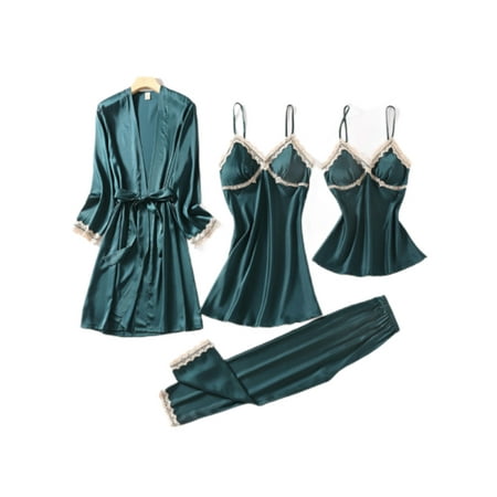 

Niuer Ladies Robe Set Kimono Bathrobe Solid Color Nightgowns Lightweight Sleepwear Suit 4 Pieces Pajama Dress Dark Green L