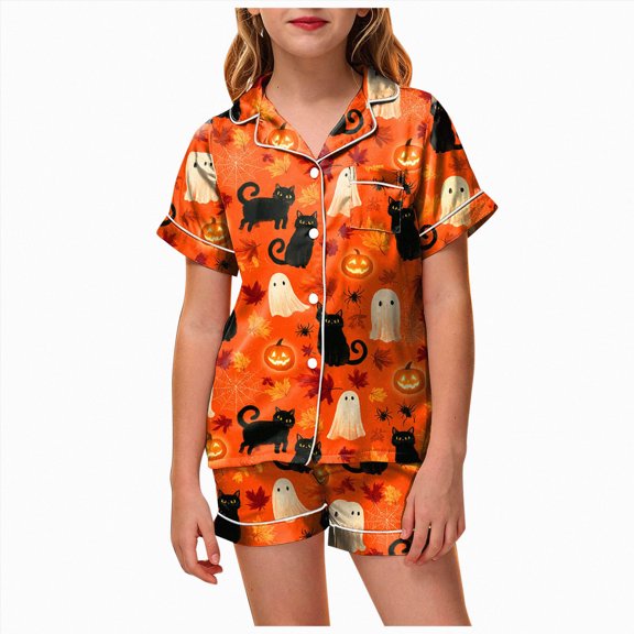 NIEWTR Pumpkin Ghost Pajamas For Girl Boy Halloween Short Sleeve Shorts Silk Pj Sets Kids Halloween Lounge Sleepwear