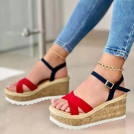 

HIBRO Ladies Fashion Summer Solid Color Cross Strap Open Toe Buckle Wedge Sandals