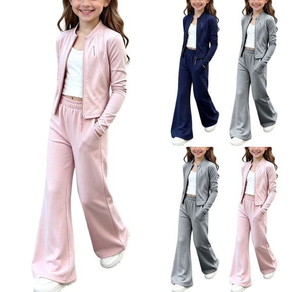 Toddler Girls Summer Sportswear Set 1-12Y, Breathable Long Sleeve Zip Jacket High Waist Yoga Trousers 2 Piece Outfit Pink 1 Years