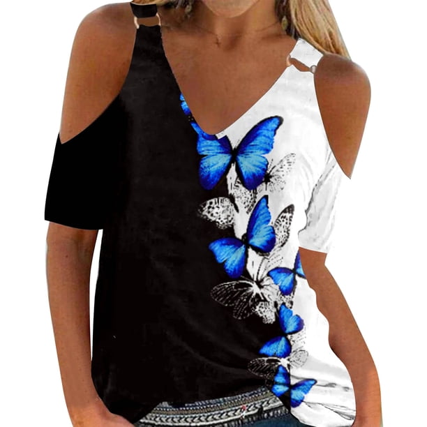 Gibobby Blusa Termica Camisa informal de verano para mujer, blusa con cuello en V y hombros descubiertos, camiseta de manga corta de Color sólido(Azul, M)