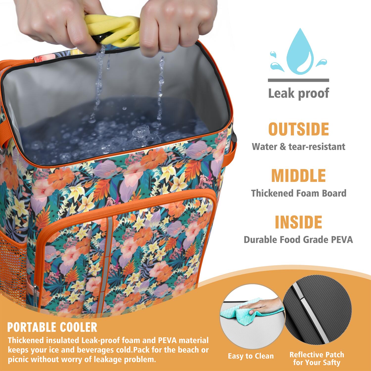 Travel Cooler Bag - Pioneer Flower Floral Print Pattern Camping Beer Cooler Backpack with Bottle Opener- Waterproof Insulated Picnic Backpacks - Cooler Bag for Beach