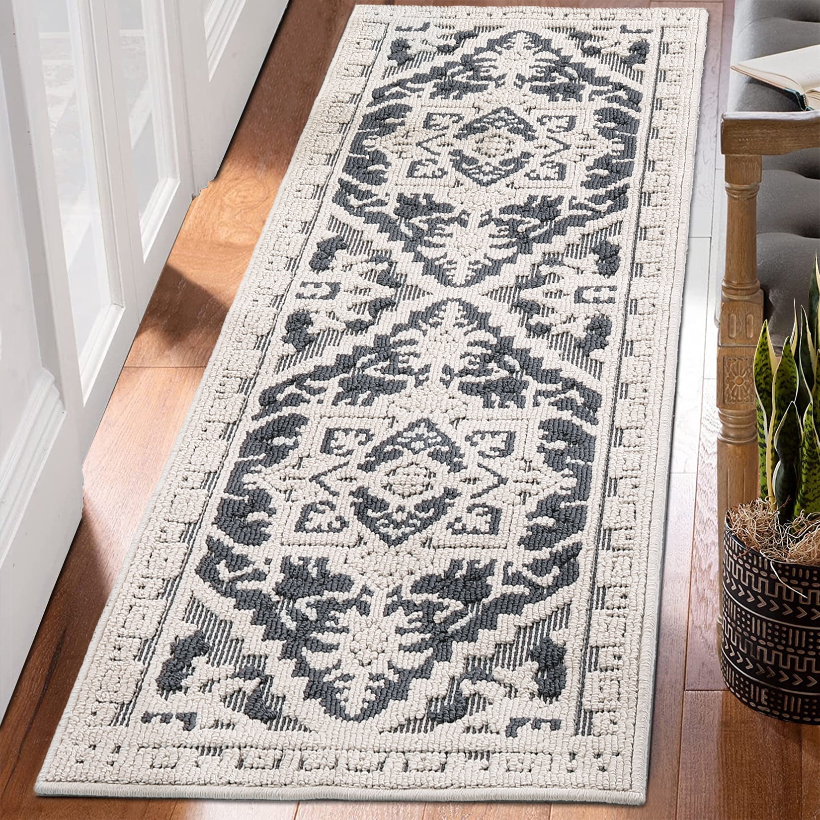 Hasoo Runner Rug 2x6 Rug for Living Room Shag Rug Vintage Boho High Low Pile Medallion Throw Rugs, Gray