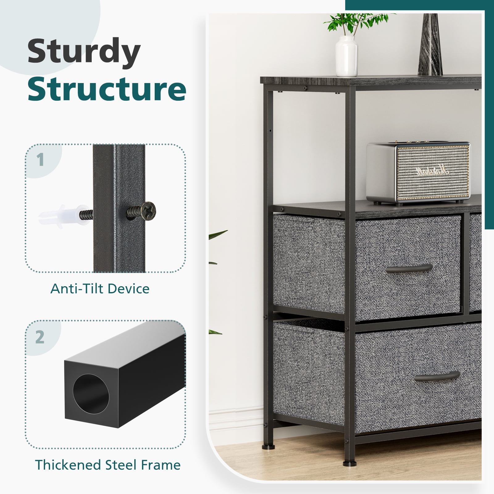 Aukfa 5 Drawer Dresser,Wide Chest of Drawers for Bedroom with Metal Frame for TV,Gray