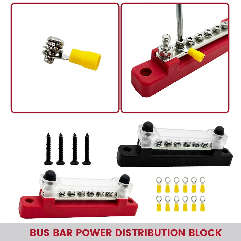 CRESTIN- 2X 6-Way Bus Bar Terminal Block Power Distribution Screws Battery + 12 Terminals